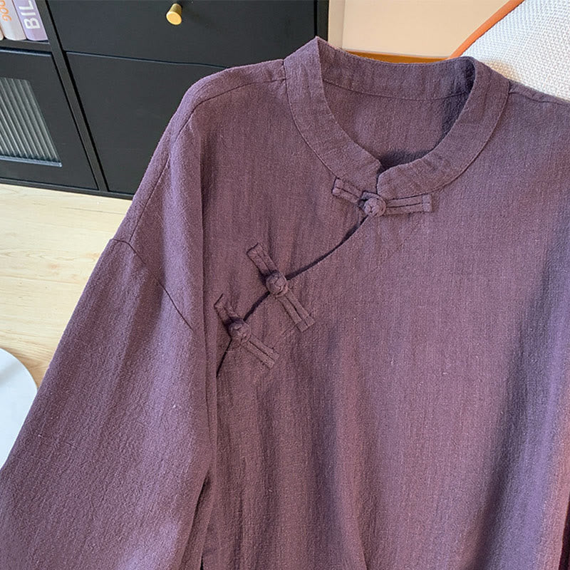 Camicia casual da donna in cotone e lino, a maniche lunghe, con colletto rialzato, abbottonatura a rana, modello Buddha Stones - image 5