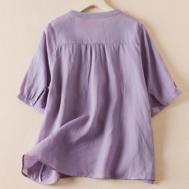 Camicia da donna in misto cotone con scollo a V, manica corta, motivo Buddha Stones Casual, ricamo di piante
