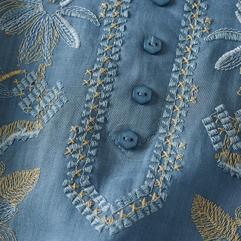 Camicia da donna in misto cotone con scollo a V, manica corta, motivo Buddha Stones Casual, ricamo di piante