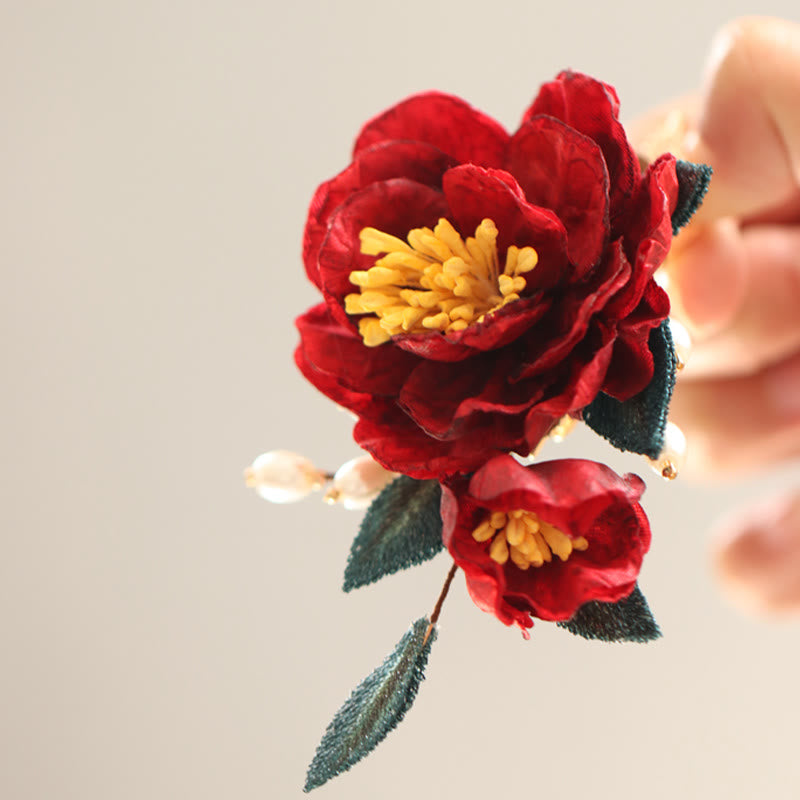 Buddha Stones Stile cinese Camelia rossa Farfalla Fermaglio per capelli Pettine per capelli Forcina per capelli Accessorio per fermaglio