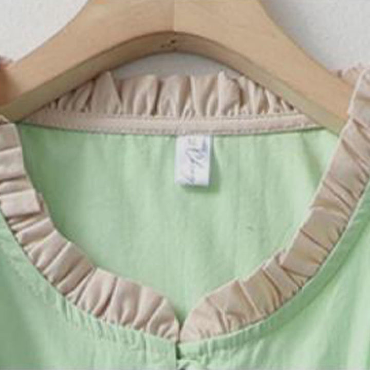 Camicia da donna in cotone e lino con maniche corte, modello Buddha Stones, casual, tinta unita, con bottoni a rana
