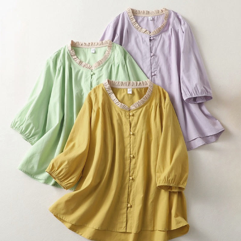 Camicia da donna in cotone e lino con maniche corte, modello Buddha Stones, casual, tinta unita, con bottoni a rana