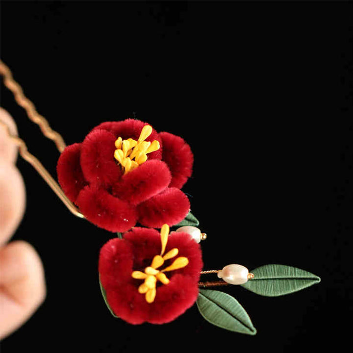 Buddha Stones Stile cinese classico Fiore rosso Farfalla blu Forcina per capelli Pettine per capelli Barrette