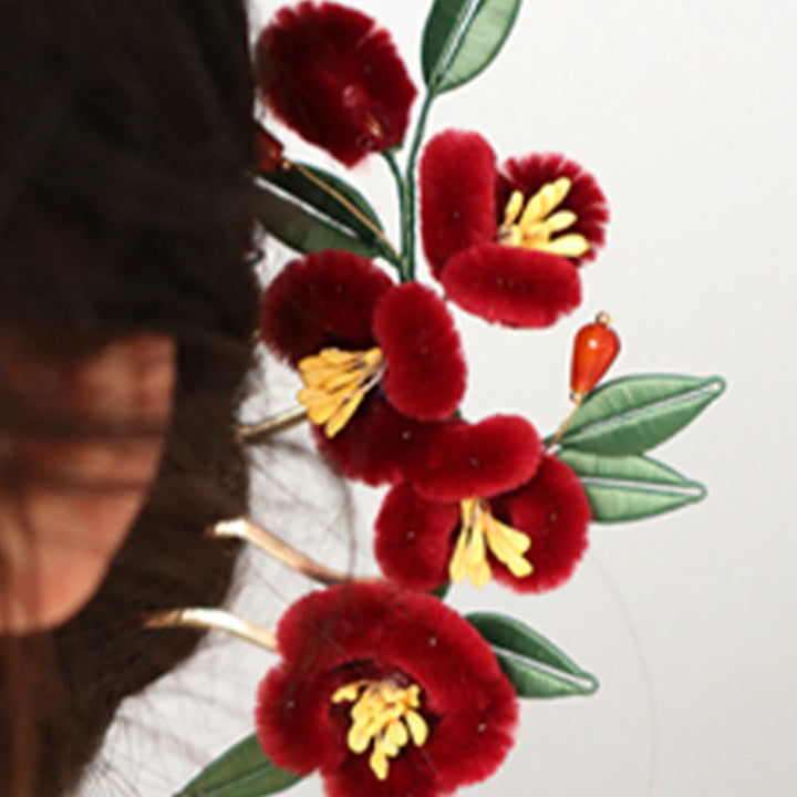 Buddha Stones Stile cinese classico Fiore rosso Farfalla blu Forcina per capelli Pettine per capelli Barrette