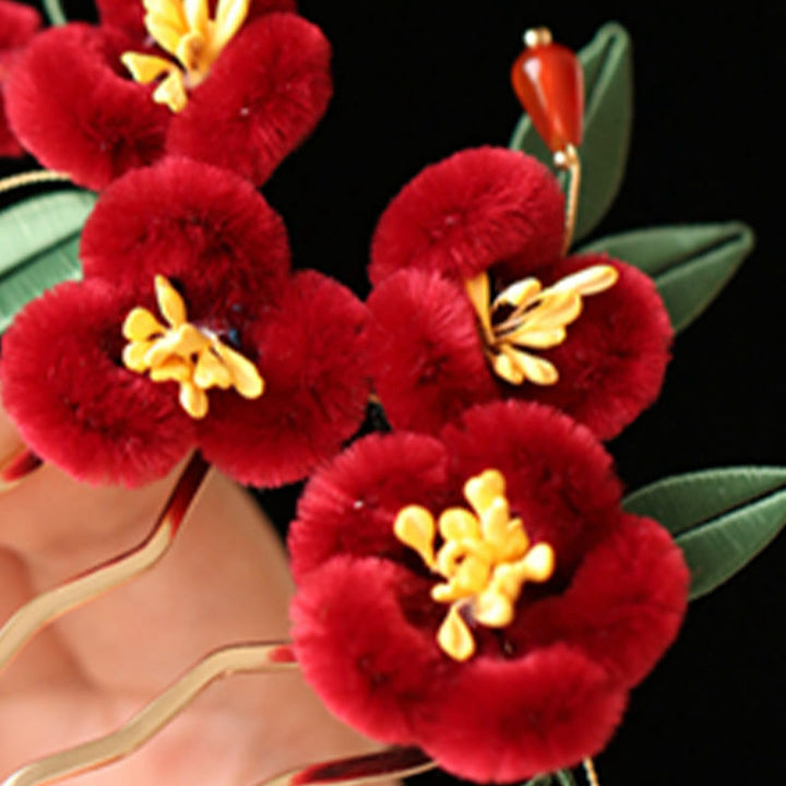 Buddha Stones Stile cinese classico Fiore rosso Farfalla blu Forcina per capelli Pettine per capelli Barrette