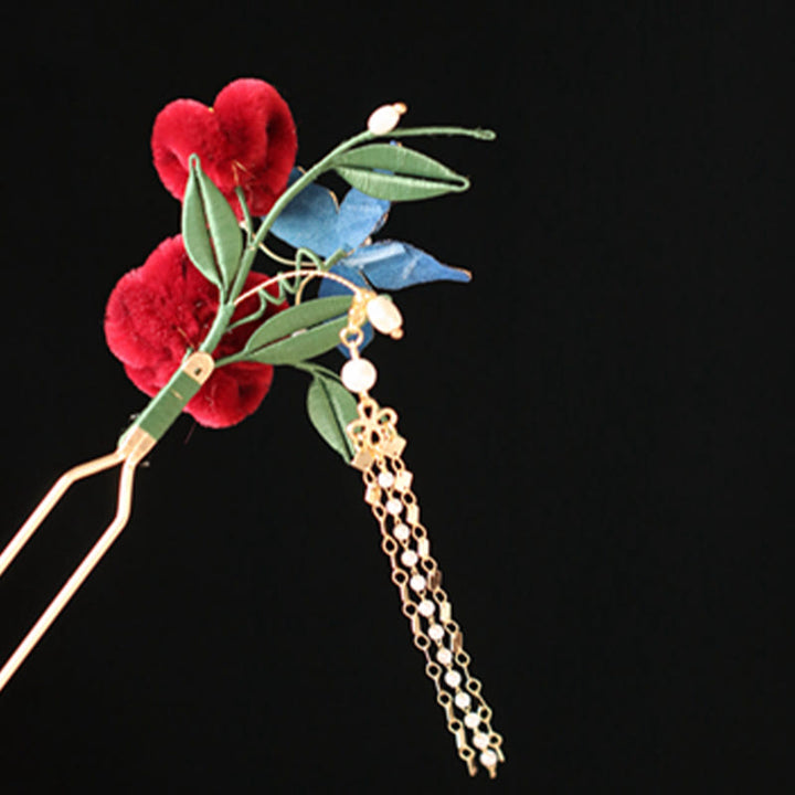 Buddha Stones Stile cinese classico Fiore rosso Farfalla blu Forcina per capelli Pettine per capelli Barrette