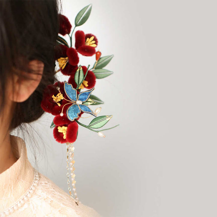 Buddha Stones Stile cinese classico Fiore rosso Farfalla blu Forcina per capelli Pettine per capelli Barrette