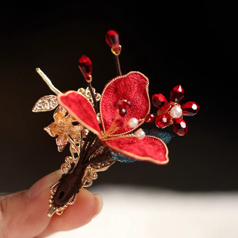 Buddha Stones Stile cinese classico Fiore rosso Farfalla Nappa Pettine per capelli Forcina