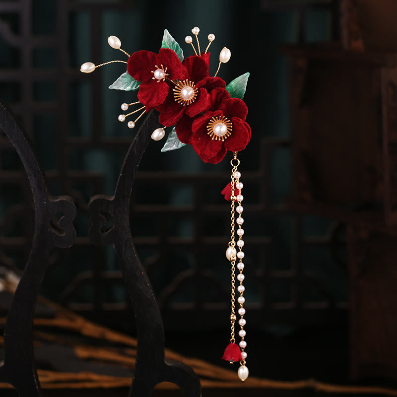 Set di fermagli per capelli con nappe di perle e fiori rossi Buddha Stones Antiquity
