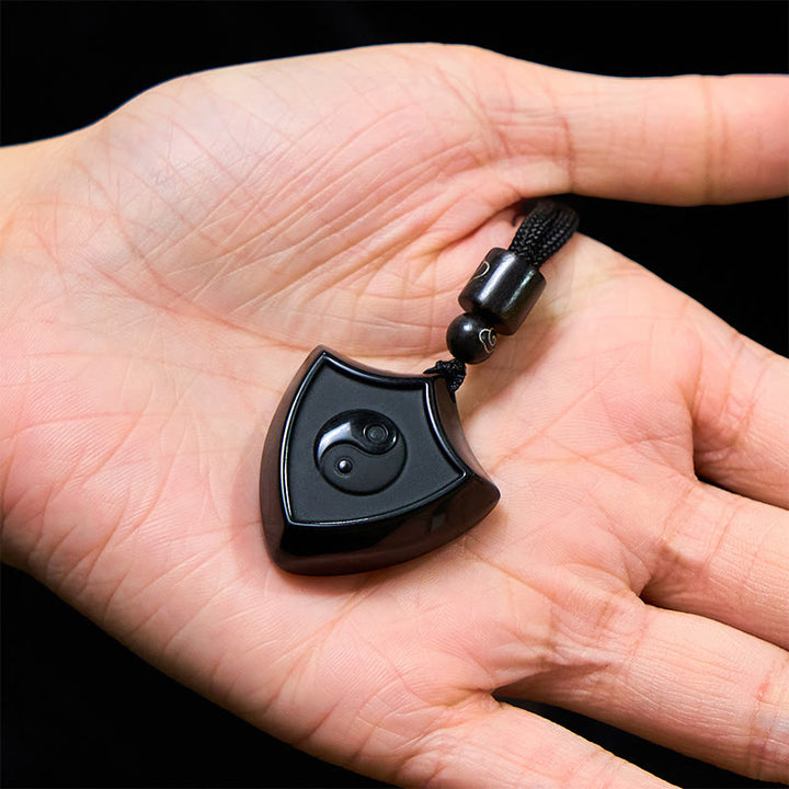 Buddha Stones Scudo di ossidiana nera Modello Simbolo Yin Yang Forza Collana Pendente - image 6