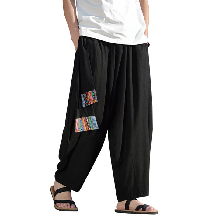 Pantaloni da uomo in cotone con coulisse, gamba larga, tasche, motivo patchwork semplice Buddha Stones
