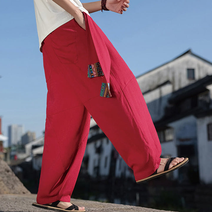 Pantaloni da uomo in cotone con coulisse, gamba larga, tasche, motivo patchwork semplice Buddha Stones