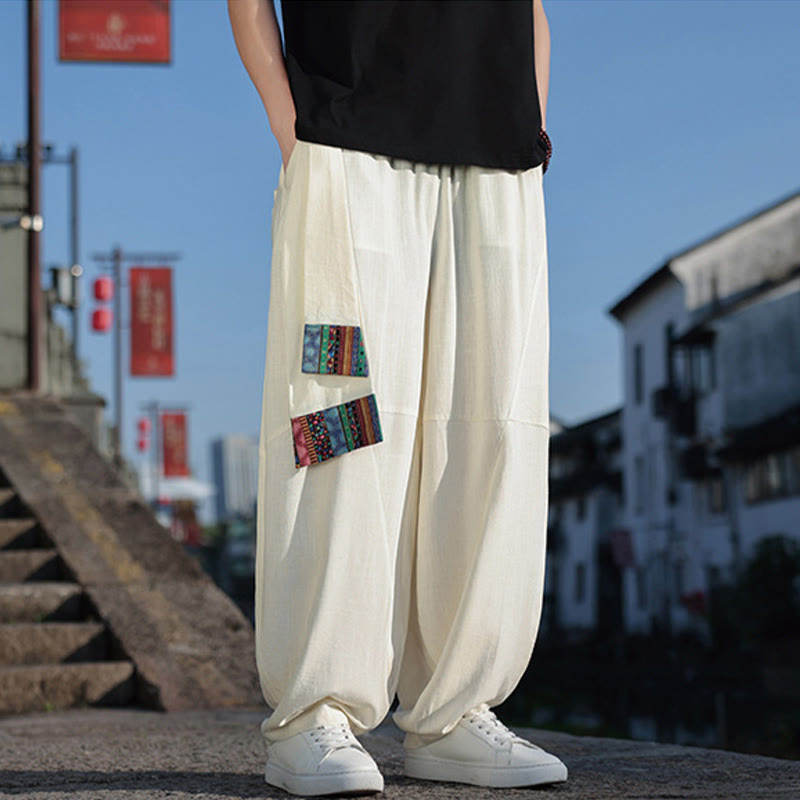 Pantaloni da uomo in cotone con coulisse, gamba larga, tasche, motivo patchwork semplice Buddha Stones