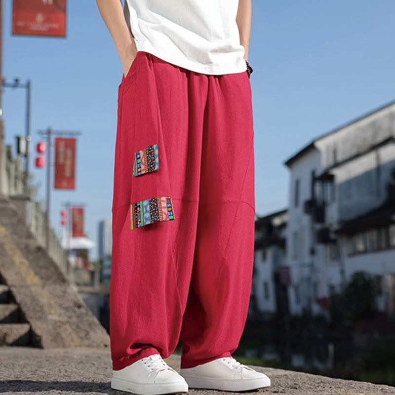 Pantaloni da uomo in cotone con coulisse, gamba larga, tasche, motivo patchwork semplice Buddha Stones