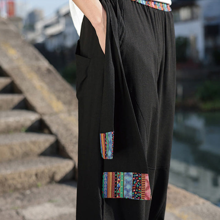 Pantaloni da uomo in cotone con coulisse, gamba larga, tasche, motivo patchwork semplice Buddha Stones