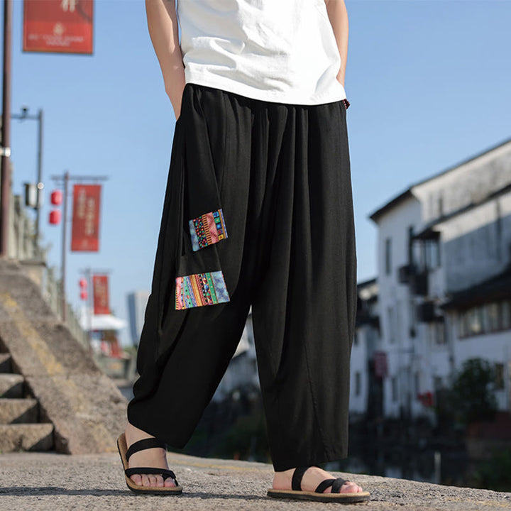 Pantaloni da uomo in cotone con coulisse, gamba larga, tasche, motivo patchwork semplice Buddha Stones
