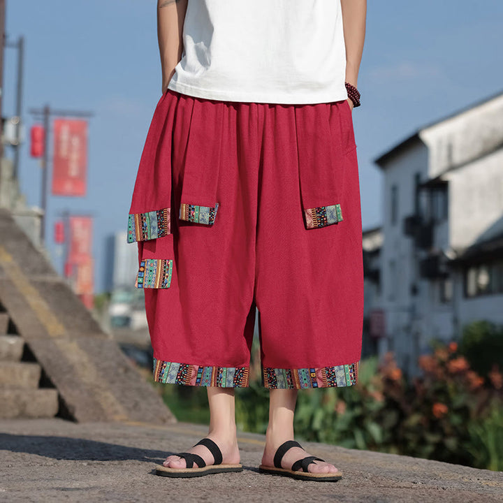 Pantaloni da uomo a gamba larga in cotone con tasche, lunghezza 7-8, Buddha Stones, etnici estivi