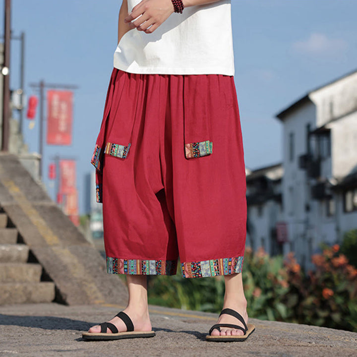 Pantaloni da uomo a gamba larga in cotone con tasche, lunghezza 7-8, Buddha Stones, etnici estivi