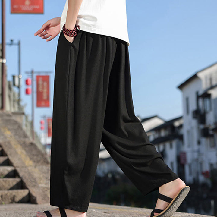 Pantaloni larghi da uomo in cotone morbido con coulisse e tasche, motivo patchwork semplice Buddha Stones