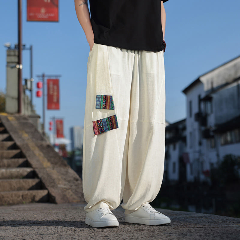Pantaloni larghi da uomo in cotone morbido con coulisse e tasche, motivo patchwork semplice Buddha Stones