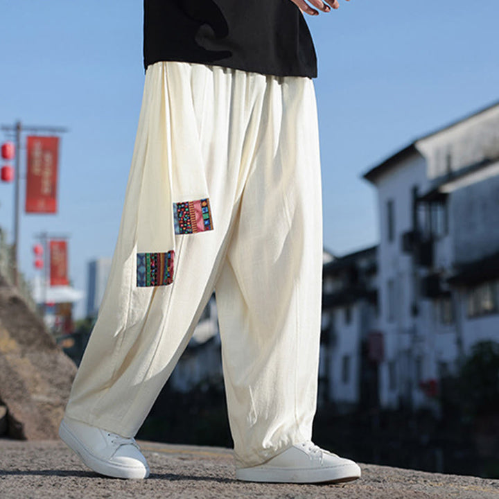 Pantaloni larghi da uomo in cotone morbido con coulisse e tasche, motivo patchwork semplice Buddha Stones