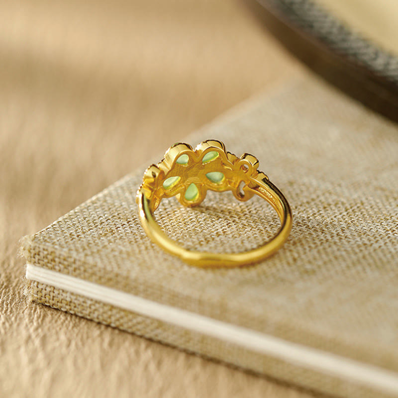 Anello di prosperità regolabile con fiore in argento sterling 925 placcato oro e giada naturale di Hetian Buddha Stones