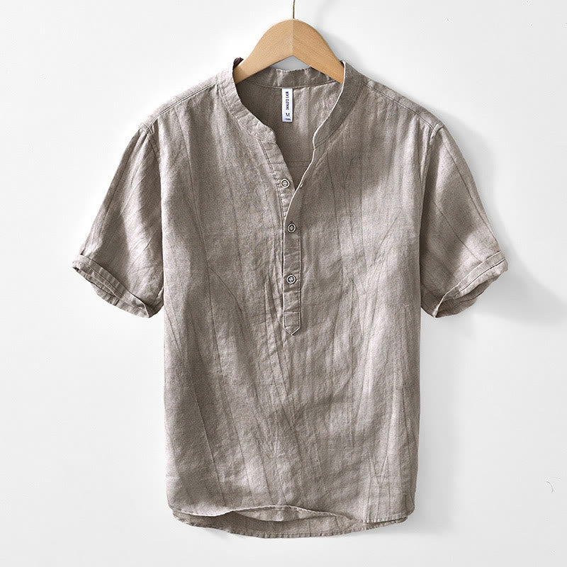 Camicia da uomo in cotone ramiè con scollo a V e maniche corte con bottoni Buddha Stones - Cachi scuro - US/UK/AU44, EU54 (4XL) - image 7