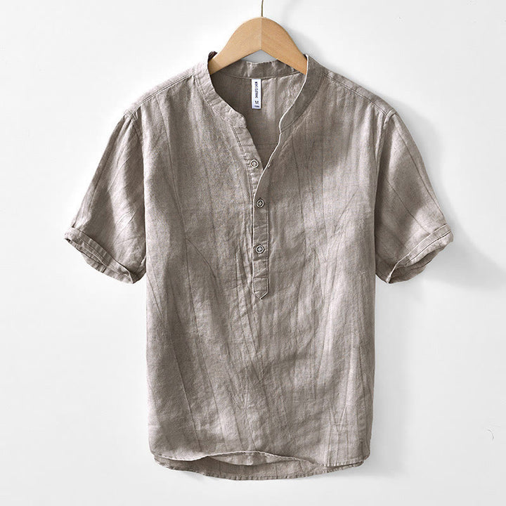 Camicia da uomo in cotone ramiè con scollo a V e maniche corte con bottoni Buddha Stones - Cachi scuro - US/UK/AU44, EU54 (4XL) - image 7