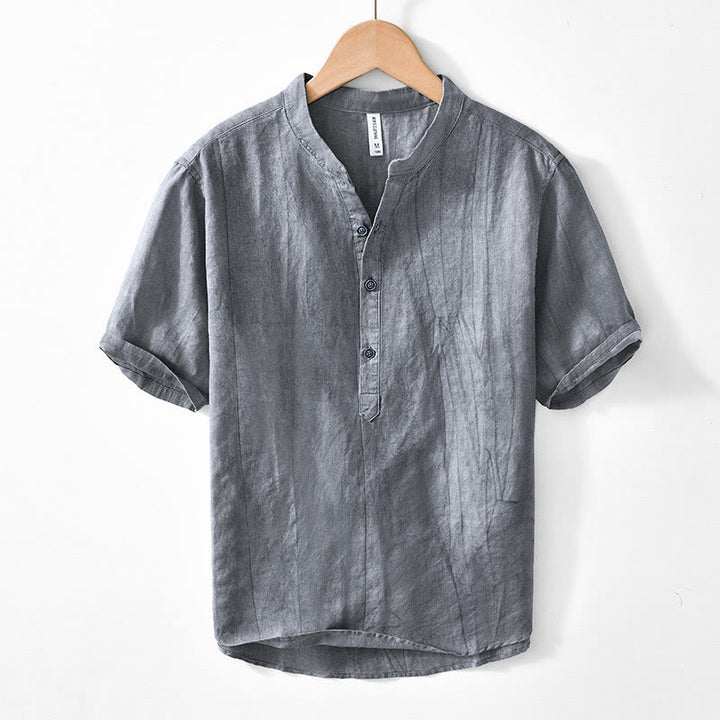 Camicia da uomo in cotone ramiè con scollo a V e maniche corte con bottoni Buddha Stones - Grigio scuro - US/UK/AU44, EU54 (4XL) - image 0