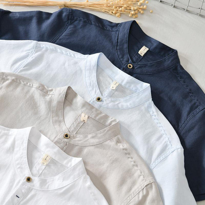 Camicia da uomo in cotone e lino con maniche corte e bottoni, motivo Buddha Stones , semplice e casual