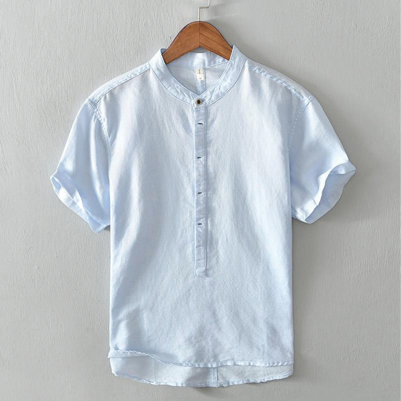 Camicia da uomo in cotone e lino con maniche corte e bottoni, motivo Buddha Stones , semplice e casual