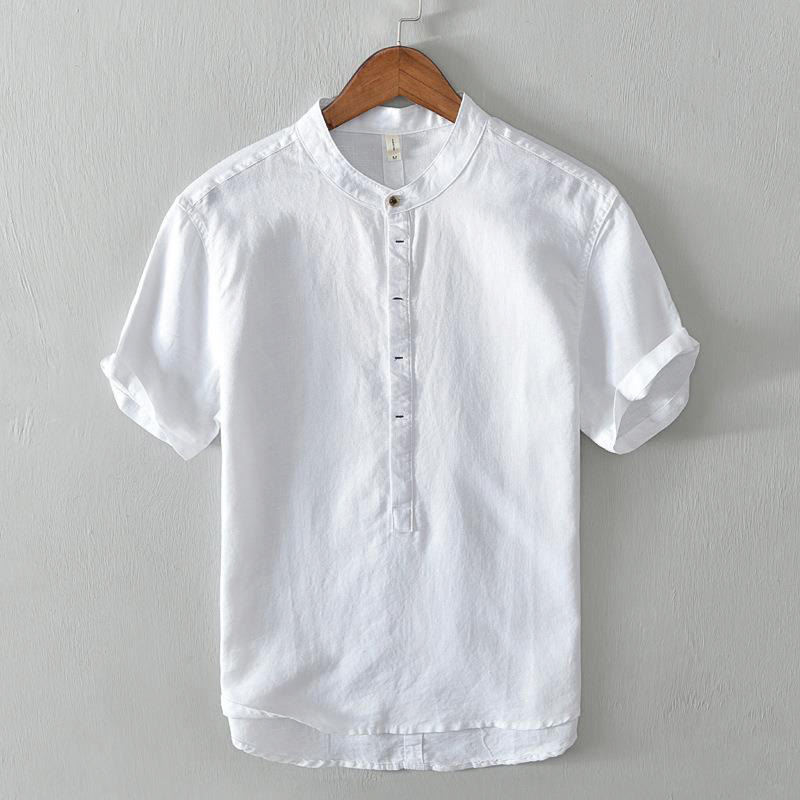 Camicia da uomo in cotone e lino con maniche corte e bottoni, motivo Buddha Stones , semplice e casual