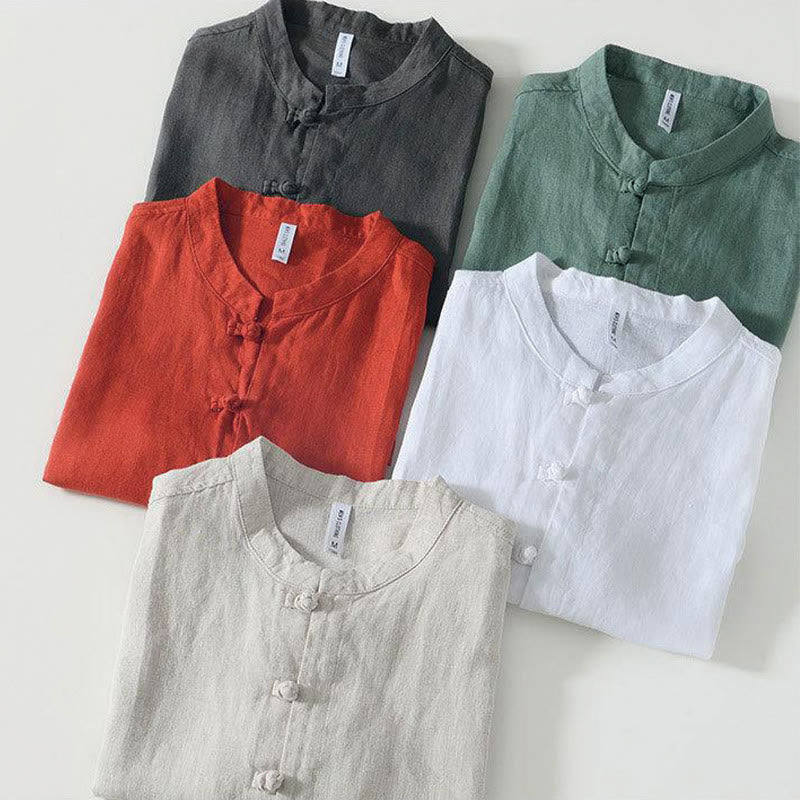 Camicia da uomo in lino a maniche corte con colletto alla coreana e bottoni a Buddha Stones Daily - image 30