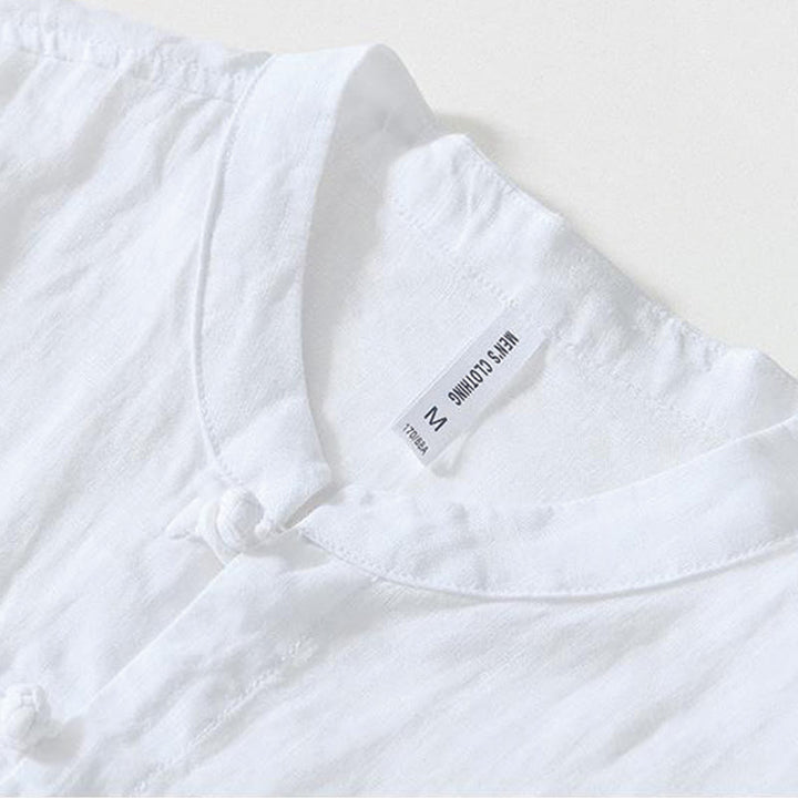 Camicia da uomo in lino a maniche corte con colletto alla coreana e bottoni a Buddha Stones Daily - image 8