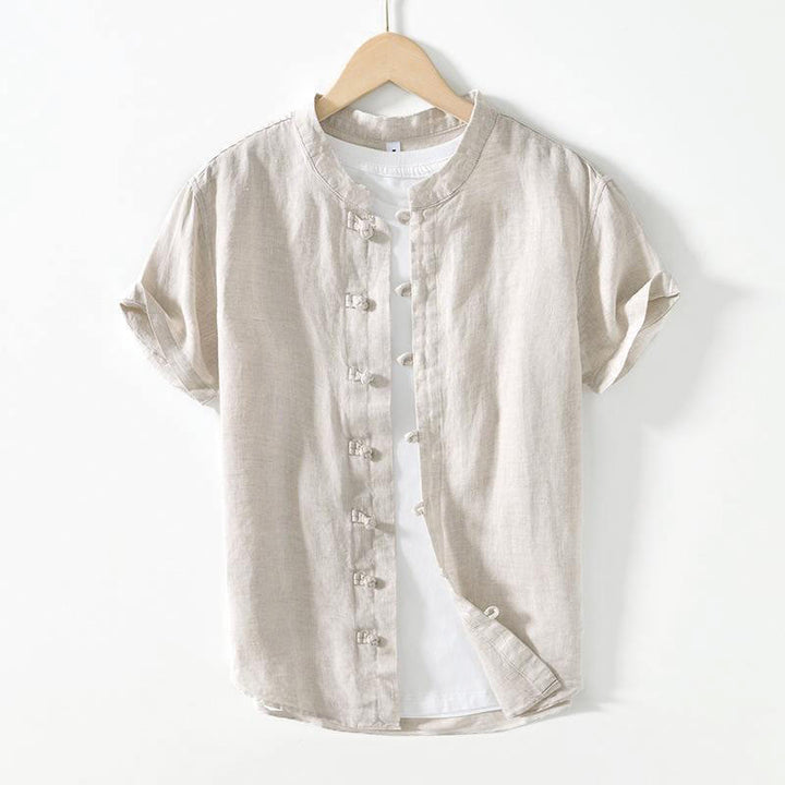 Camicia da uomo in lino a maniche corte con colletto alla coreana e bottoni a Buddha Stones Daily - Grigio chiaro - US/UK/AU42, EU52 (3XL) - image 14