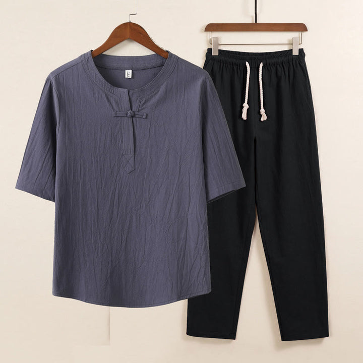 Buddha Stones 2 pezzi Design semplice Camicia cinese con bottoni a forma di rana Pantaloni larghi con coulisse e tasche Set di stoffa per meditazione da uomo - Camicia grigia Pantaloni neri - US/UK/AU46, EU56 (5XL) - image 0