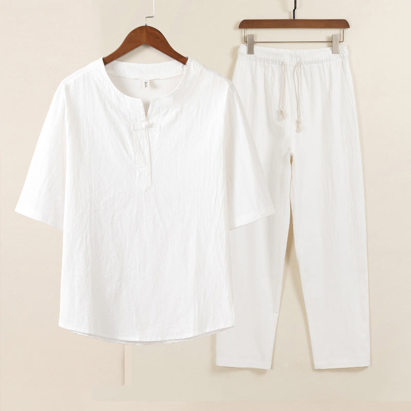Buddha Stones 2 pezzi Design semplice Camicia cinese con bottoni a forma di rana Pantaloni larghi con coulisse e tasche Set di stoffa per meditazione da uomo - Camicia bianca Pantaloni bianchi - US/UK/AU46, EU56 (5XL) - image 1