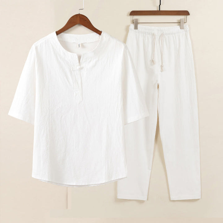 Buddha Stones 2 pezzi Design semplice Camicia cinese con bottoni a forma di rana Pantaloni larghi con coulisse e tasche Set di stoffa per meditazione da uomo - Camicia bianca Pantaloni bianchi - US/UK/AU46, EU56 (5XL) - image 1