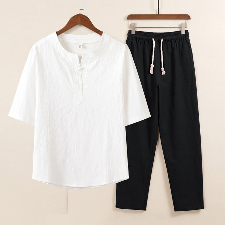 Buddha Stones 2 pezzi Design semplice Camicia cinese con bottoni a forma di rana Pantaloni larghi con coulisse e tasche Set di stoffa per meditazione da uomo - Camicia bianca e pantaloni neri - US/UK/AU46, EU56 (5XL) - image 3