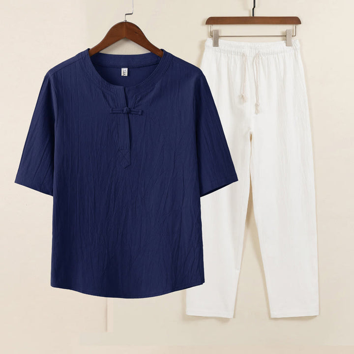 Buddha Stones 2 pezzi Design semplice Camicia cinese con bottoni a forma di rana Pantaloni larghi con coulisse e tasche Set di stoffa per meditazione da uomo - Camicia blu pantaloni bianchi - US/UK/AU46, EU56 (5XL) - image 7