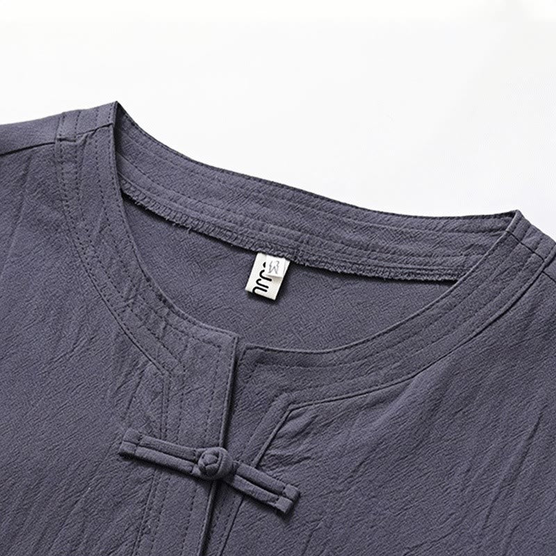 Buddha Stones 2 pezzi Design semplice Camicia cinese con bottoni a forma di rana Pantaloni larghi con coulisse e tasche Set di stoffa per meditazione da uomo - image 9