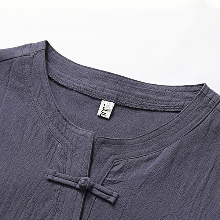 Buddha Stones 2 pezzi Design semplice Camicia cinese con bottoni a forma di rana Pantaloni larghi con coulisse e tasche Set di stoffa per meditazione da uomo - image 9