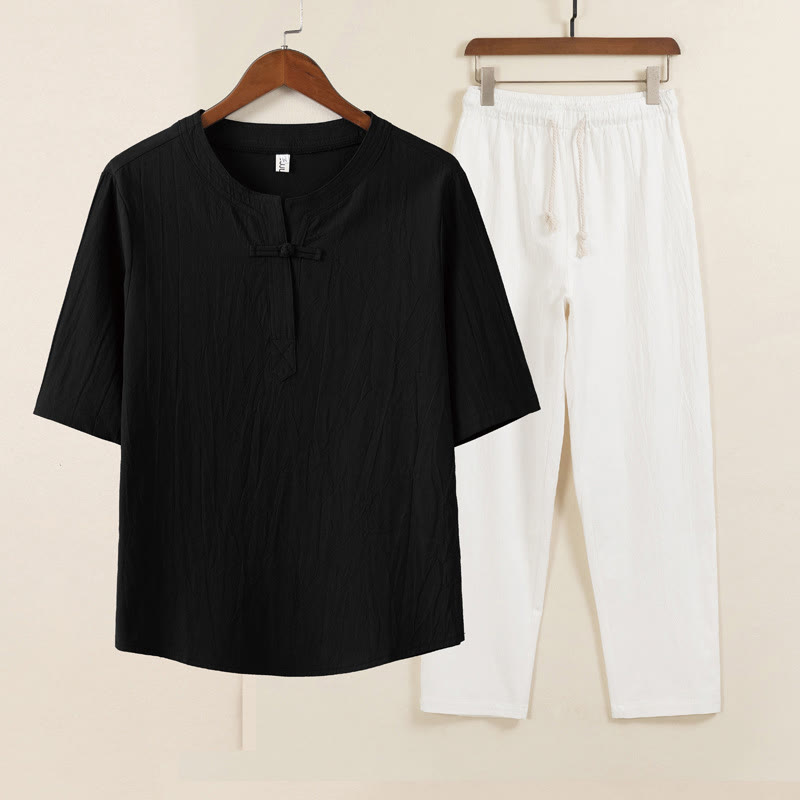 Buddha Stones 2 pezzi Design semplice Camicia cinese con bottoni a forma di rana Pantaloni larghi con coulisse e tasche Set di stoffa per meditazione da uomo - Camicia nera pantaloni bianchi - US/UK/AU46, EU56 (5XL) - image 4