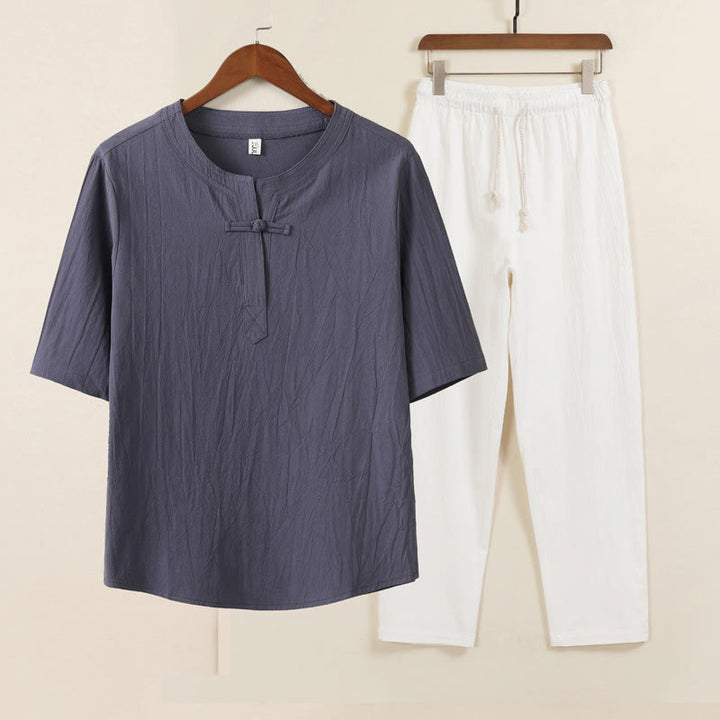 Buddha Stones 2 pezzi Design semplice Camicia cinese con bottoni a forma di rana Pantaloni larghi con coulisse e tasche Set di stoffa per meditazione da uomo - Camicia grigia Pantaloni bianchi - US/UK/AU46, EU56 (5XL) - image 5