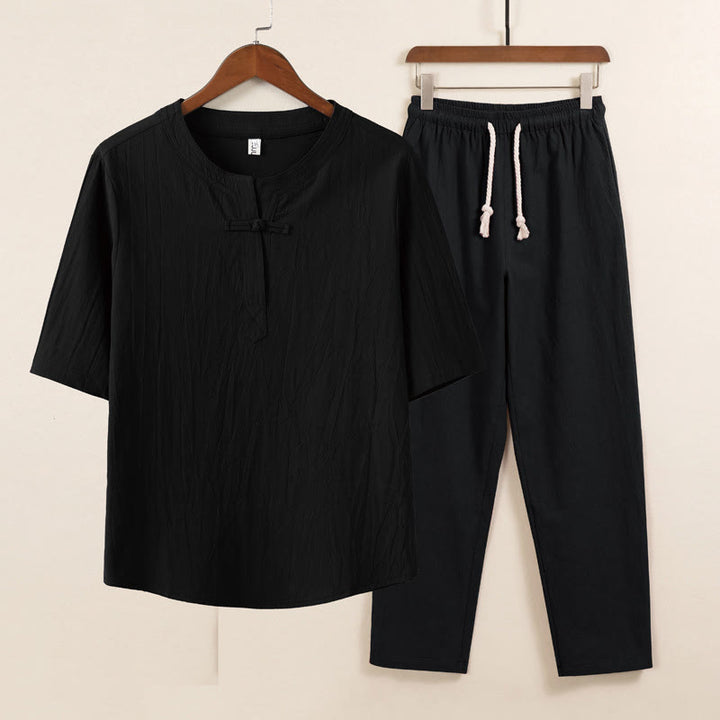 Buddha Stones 2 pezzi Design semplice Camicia cinese con bottoni a forma di rana Pantaloni larghi con coulisse e tasche Set di stoffa per meditazione da uomo - Camicia nera Pantaloni neri - US/UK/AU46, EU56 (5XL) - image 2