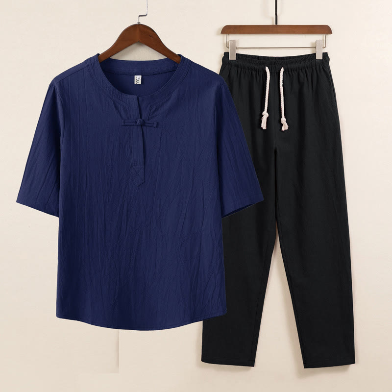 Buddha Stones 2 pezzi Design semplice Camicia cinese con bottoni a forma di rana Pantaloni larghi con coulisse e tasche Set di stoffa per meditazione da uomo - Camicia blu Pantaloni neri - US/UK/AU46, EU56 (5XL) - image 6