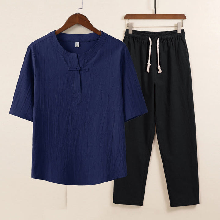 Buddha Stones 2 pezzi Design semplice Camicia cinese con bottoni a forma di rana Pantaloni larghi con coulisse e tasche Set di stoffa per meditazione da uomo - Camicia blu Pantaloni neri - US/UK/AU46, EU56 (5XL) - image 6