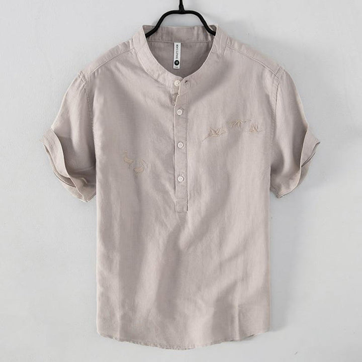 Camicia da uomo in cotone e lino con collo alto, mezza abbottonatura, motivo gru, ricamo morbido Buddha Stones