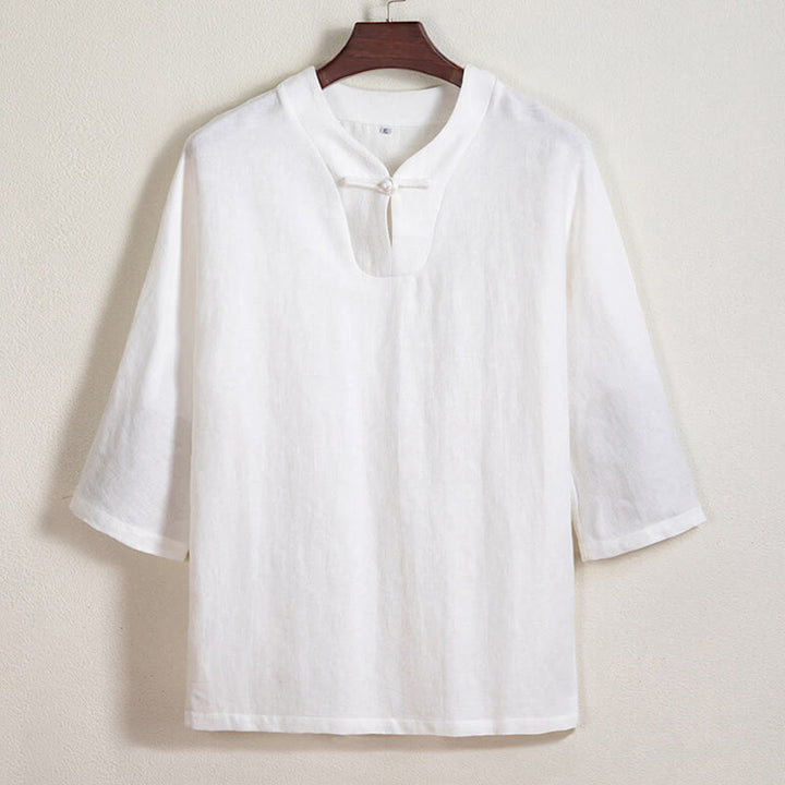 Camicia da uomo in lino con maniche a tre quarti e bottoni a rana bianchi Buddha Stones