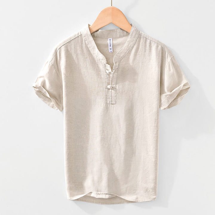 Camicia da uomo in cotone e lino con bottoni a mezza manica, modello Buddha Stones, morbida e semplice, con scollo a giro e bottoni a rana